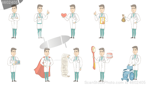 Image of Young caucasian doctor vector illustrations set.