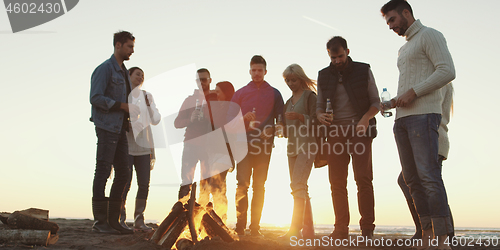 Image of Friends having fun at beach on autumn day