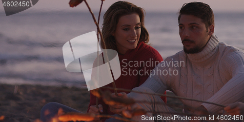 Image of Group Of Young Friends Sitting By The Fire at beach