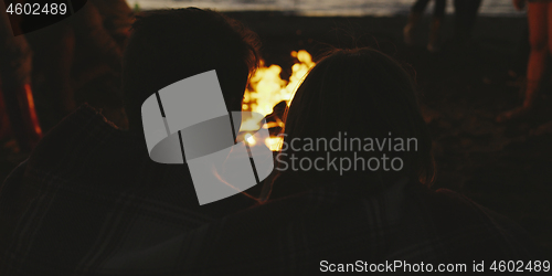 Image of Couple enjoying with friends at night on the beach