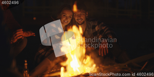 Image of Couple enjoying with friends at night on the beach