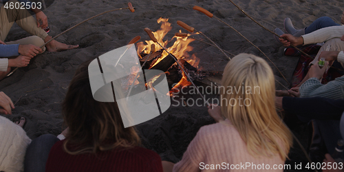 Image of Group Of Young Friends Sitting By The Fire at beach