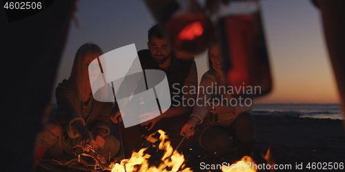 Image of Young Friends Making A Toast With Beer Around Campfire at beach