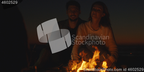 Image of Couple enjoying with friends at night on the beach