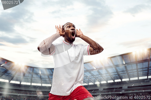 Image of The football player in motion on the field of stadium