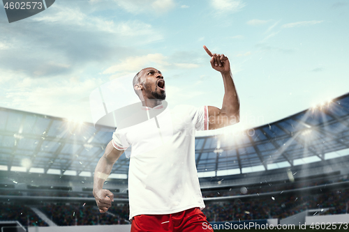 Image of The football player in motion on the field of stadium