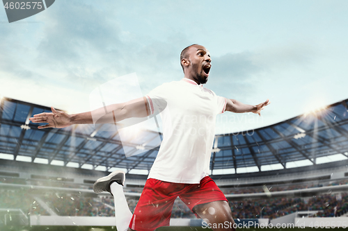 Image of The football player in motion on the field of stadium