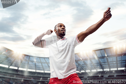 Image of The football player in motion on the field of stadium