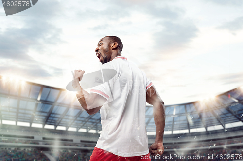 Image of The football player in motion on the field of stadium