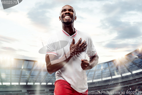 Image of The football player in motion on the field of stadium