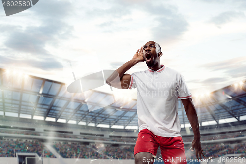 Image of The football player in motion on the field of stadium