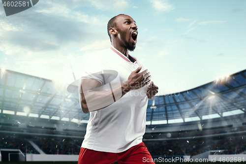 Image of The football player in motion on the field of stadium