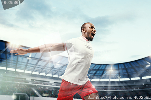 Image of The football player in motion on the field of stadium