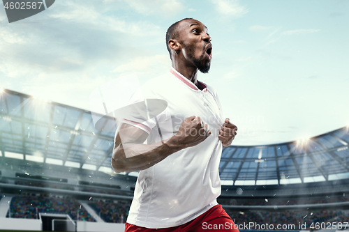 Image of The football player in motion on the field of stadium