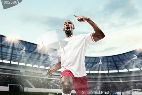 Image of The football player in motion on the field of stadium