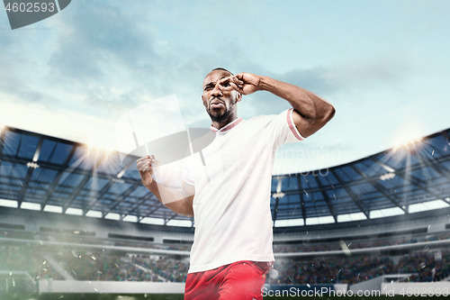 Image of The football player in motion on the field of stadium