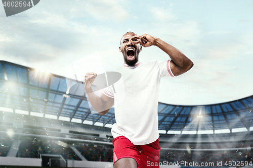 Image of The football player in motion on the field of stadium