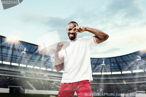 Image of The football player in motion on the field of stadium