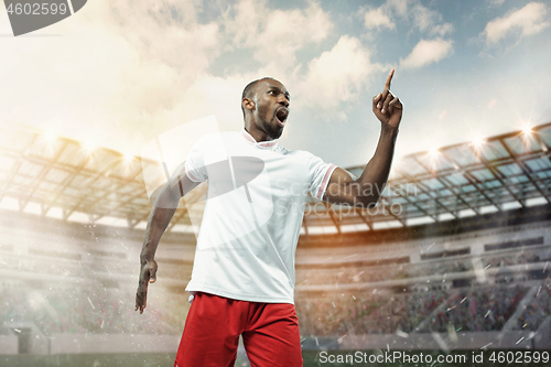 Image of The football player in motion on the field of stadium