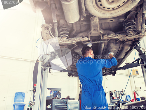 Image of mechanic man or smith repairing car at workshop