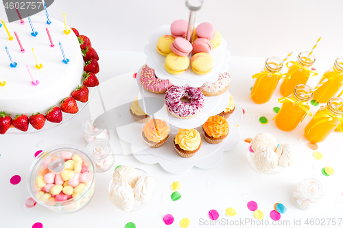 Image of food and drinks on table at birthday party