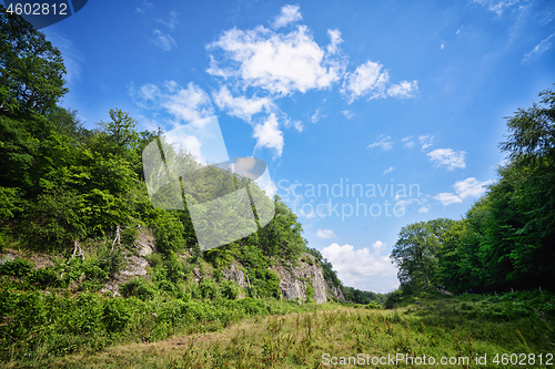 Image of Valley with green fields under a blue sky