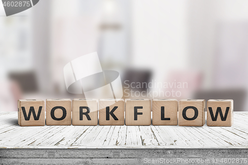 Image of Workflow sign in a bright office on a wooden desk