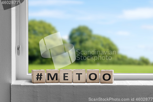 Image of Metoo hashtag sign in a window with a view