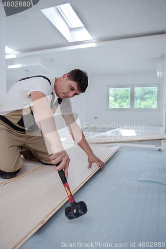 Image of Professional Worker Installing New Laminated Wooden Floor