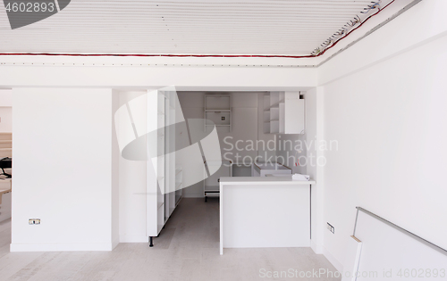 Image of Interior of empty stylish modern open space two level apartment