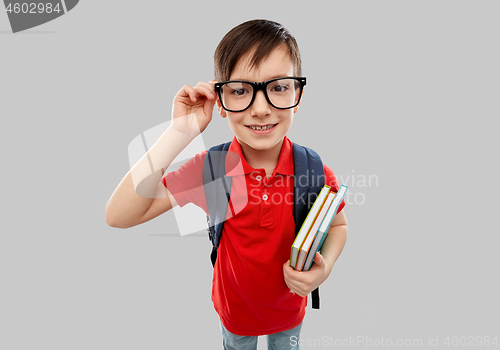 Image of smiling student boy in glasses with books and bag