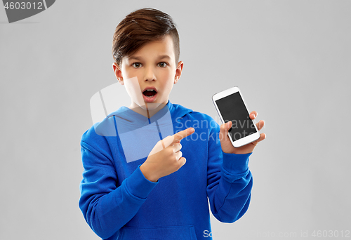 Image of shocked boy in blue hoodie showing smartphone