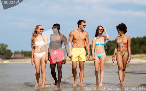 Image of happy friends walking along beach