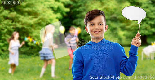 Image of smiling boy with speech bubble at birthday party