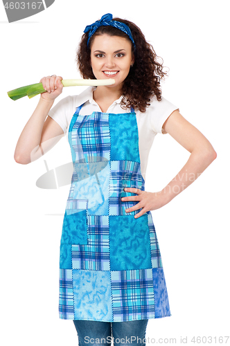 Image of Young housewife on white