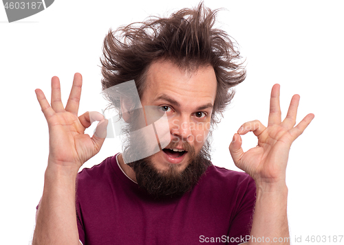 Image of Crazy bearded man emotions and signs