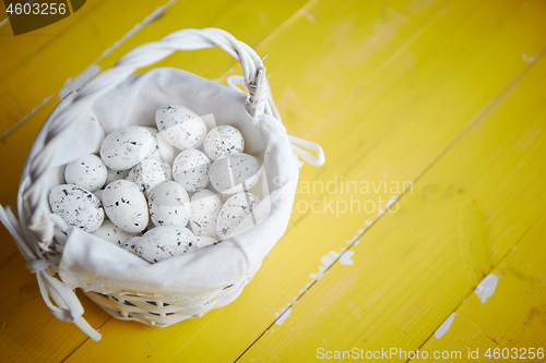 Image of Quail eggs In white wicker basket. The concept of Easter Holidays