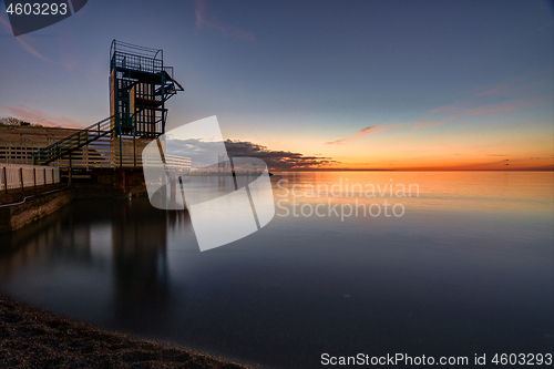 Image of Seascape and wharf in the small bay of Anapa, Russia after sunset