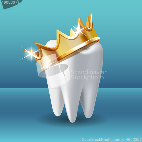 Image of Realistic white Tooth in golden crown. Tooth care dental medical stomatology vector icon.