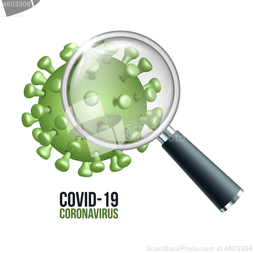 Image of illustration of a corona virus seen with a magnifying glass
