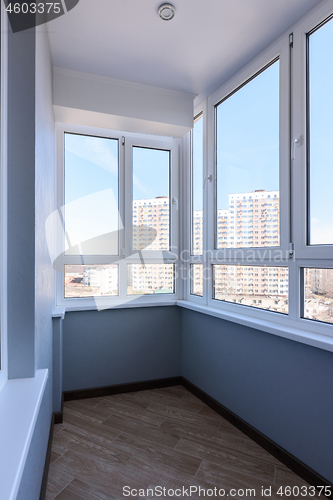 Image of A general view of a small compact balcony in a high-rise building