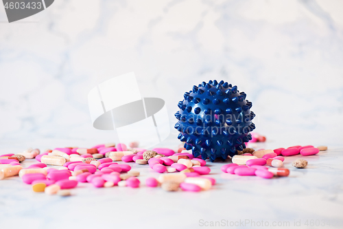 Image of Shot of microscope virus close up and pills. Coronavirus concept