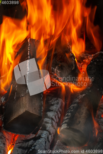 Image of Bright birning wood close-up fireplace background.