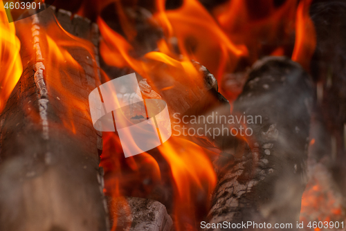 Image of Open fireplace, macro burning wood background.