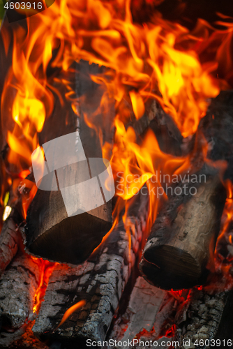 Image of Burning wood in open fire place. Close up background.