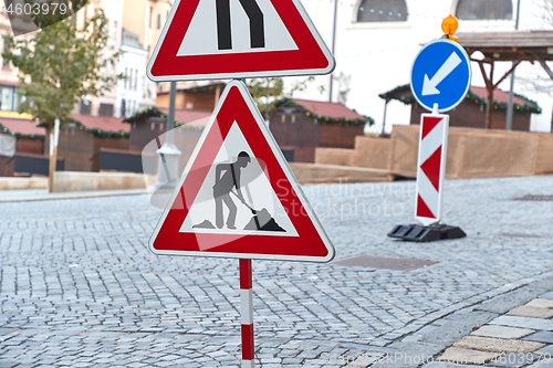 Image of Urban construction site with warning signs