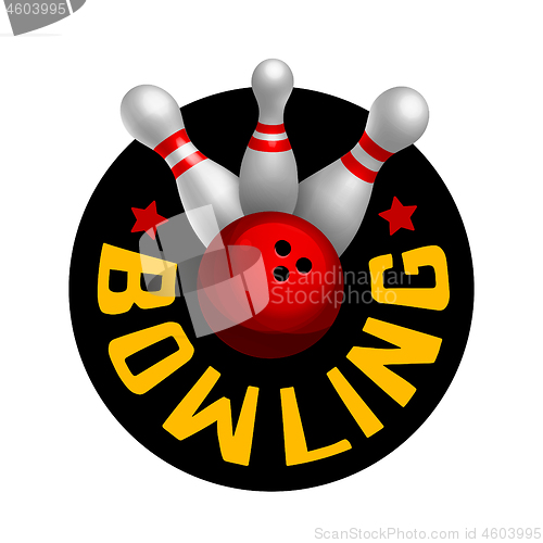 Image of Bowling sign with ball and pins in a round shape. Vector illustration