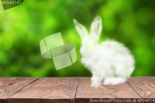 Image of Cloud Easter Bunny on a wooden table against blurred green background.