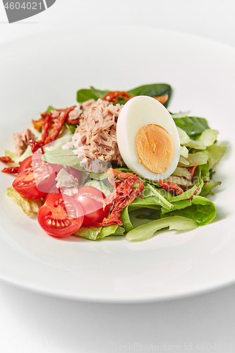 Image of Close up delicious tuna salad with fresh organic vegetables.