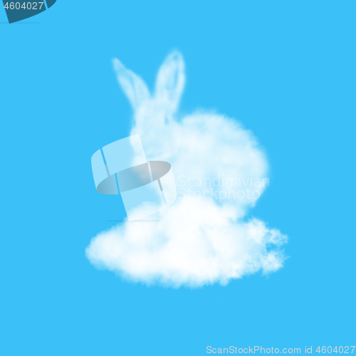 Image of Easter bunny made from cloud on a sky blue background.